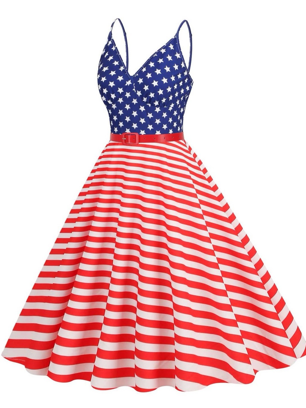 Patriotic Red White Blue Sleeveless V-Neck Midi Flared Swing Dress